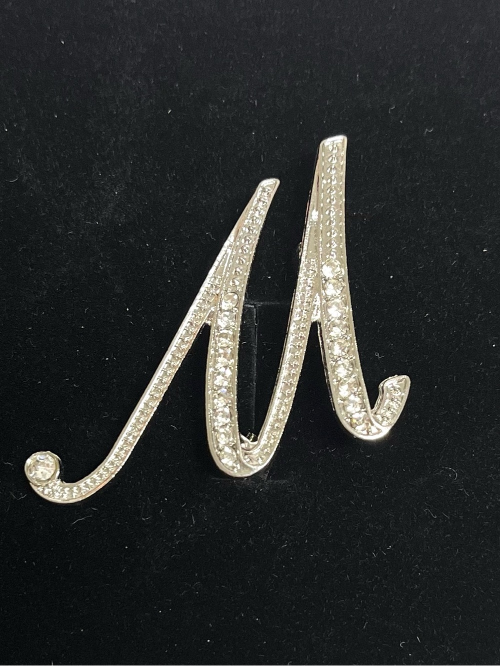 Brooch Initial 'M' Silver Tone, rhinestones, NIP, lite weight,